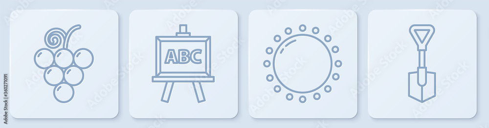 设置葡萄果实、太阳、黑板和铲子。白色方形按钮。矢量