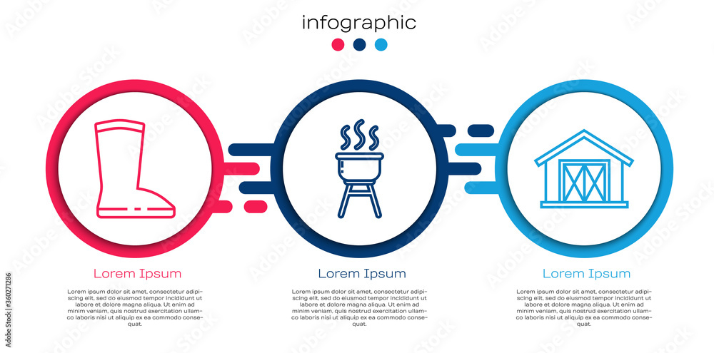 套装防水橡胶靴、烧烤架和农舍。商业信息图模板。Vecto
