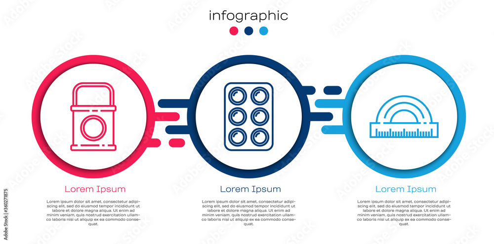 Set line Paint bucket，Watercolor paints in box and Protractor.Business infographic template.Vecto（设线