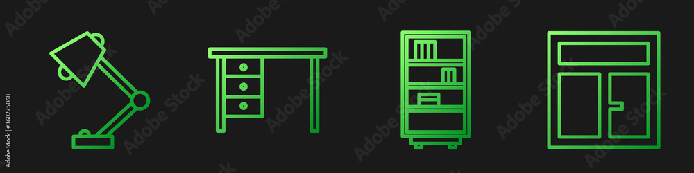 在房间里设置图书馆书架、台灯、办公桌和窗户。渐变色图标。Ve