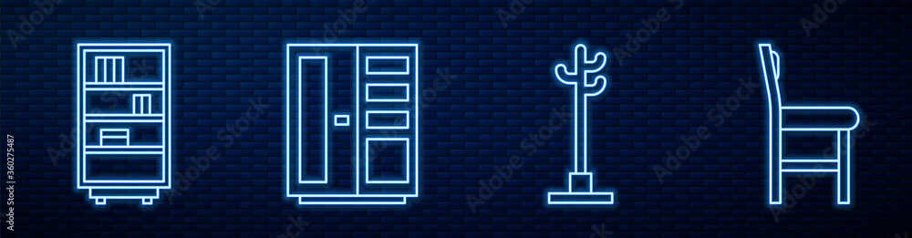 设置线衣帽架、图书馆书架、衣柜和椅子。砖墙上闪闪发光的霓虹灯图标。矢量