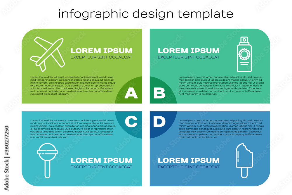 Set line Lollipop, Plane, Ice cream and Sunscreen spray bottle. Business infographic template. Vecto