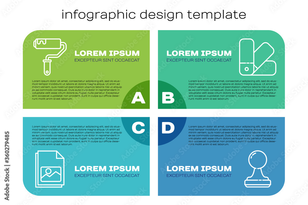 Set line Picture landscape, Paint roller brush, Stamp and Color palette guide. Business infographic 