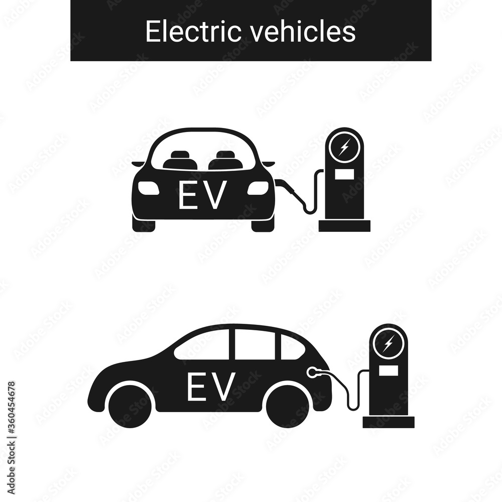 带插头符号和充电站图标的电动汽车。混合动力汽车符号。Eco-frien