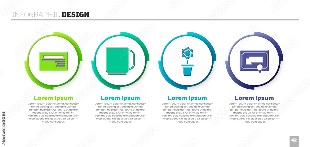 设置名片、咖啡杯、花盆和证书模板。商业信息图模板
