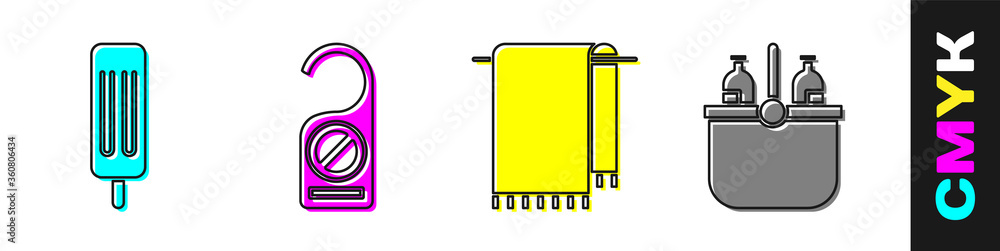 套装冰淇淋，请不要打扰，毛巾放在衣架上，冷却袋和水图标。矢量