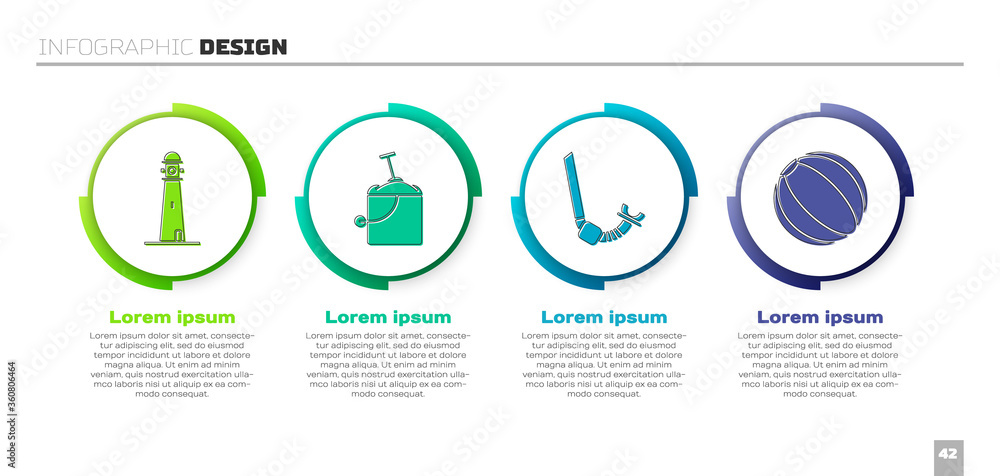 设置灯塔，铲子桶里的沙子，浮潜和沙滩球。商业信息图模板.V