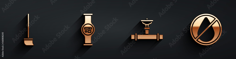 Set Mop, Water meter, Industry pipe and valve and Water drop forbidden icon with long shadow. Vector