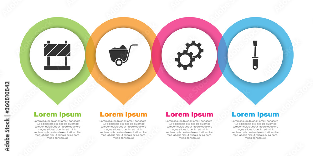 设置路障、铲子、齿轮和螺丝刀。商业信息图模板。矢量