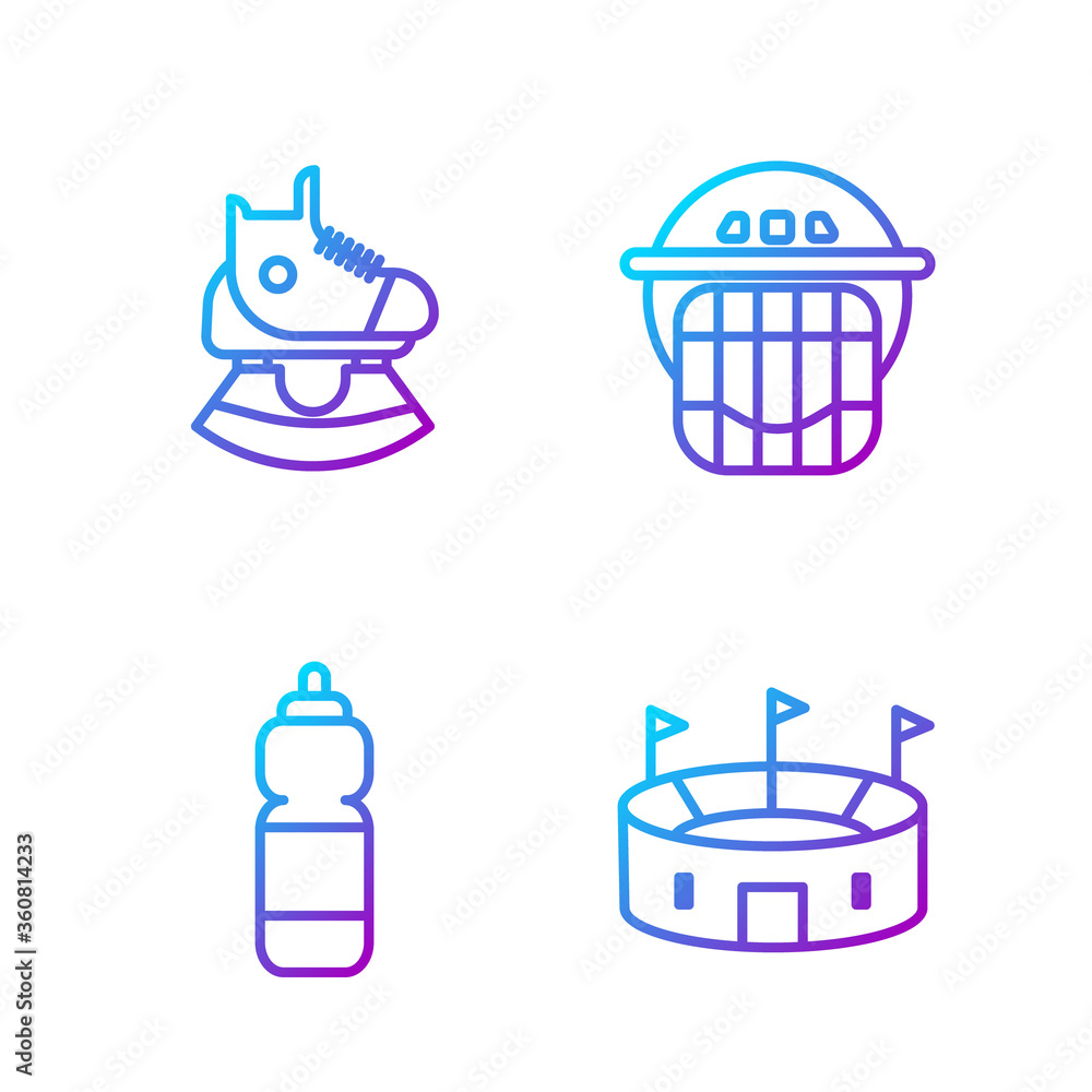 Set line Hockey stadium, Fitness shaker, Skates and Hockey helmet. Gradient color icons. Vector