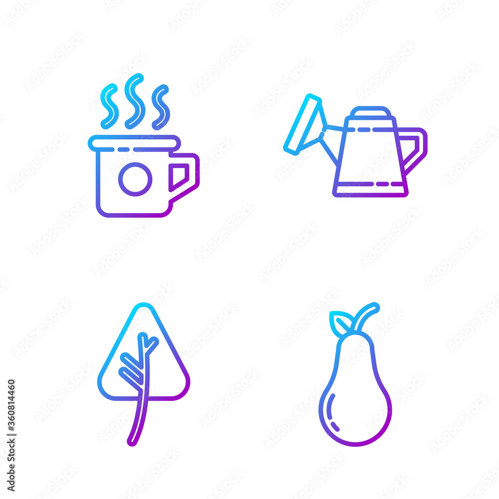 Set line Pear, Leaf or leaves, Cup of tea and Watering can. Gradient color icons. Vector