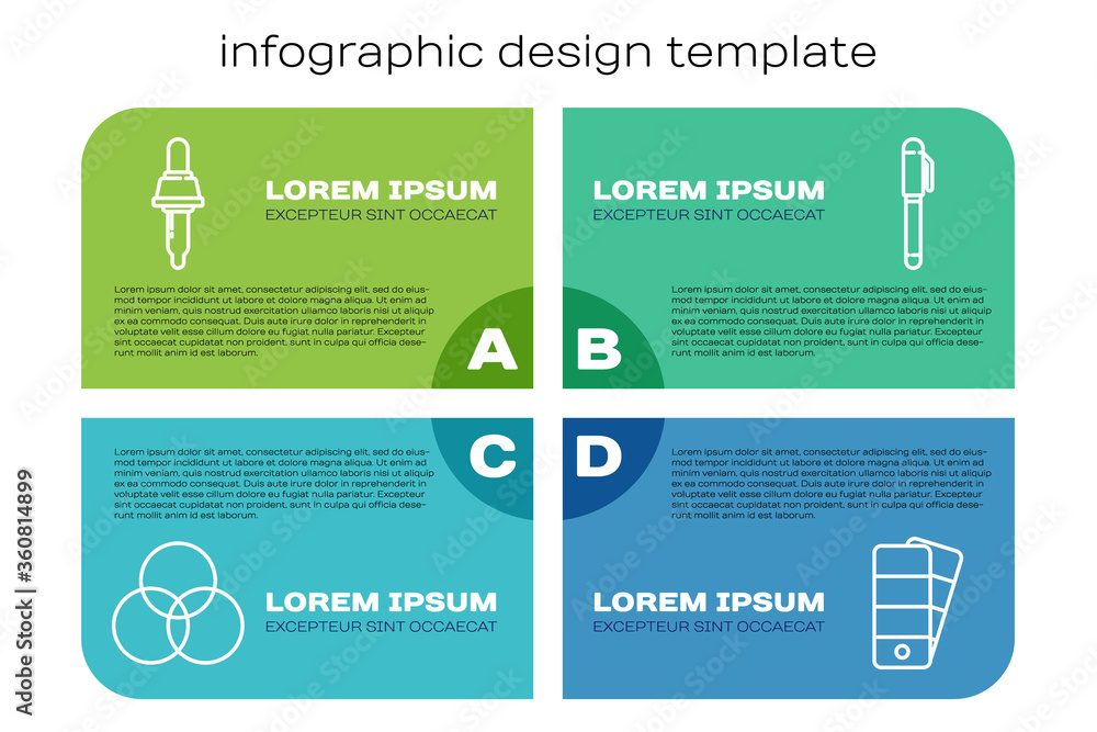 设置线RGB和CMYK颜色混合，移液管，调色板和笔。商业信息图模板。矢量