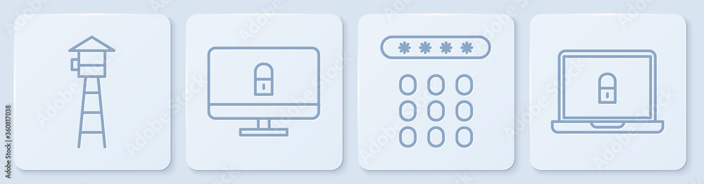 设线望塔，密码保护，电脑显示器和笔记本电脑上锁。白色方块