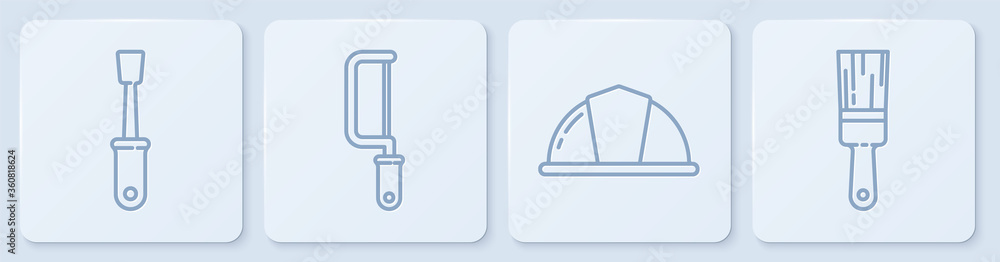 固定螺丝刀，工人安全帽，钢锯和油漆刷。白色方形按钮。矢量