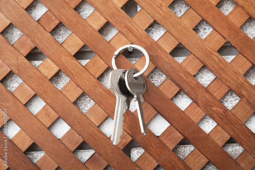 Keys from house hanging on wall in room