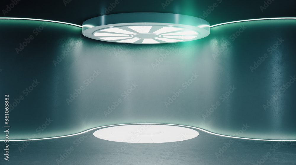 Modern futuristic monochrome hall with luminous disc on the ceiling.