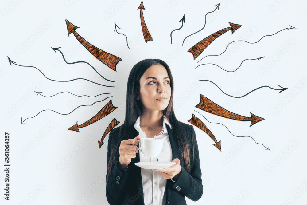 Businesswoman holding coffeу cup with drawn arrows over her head