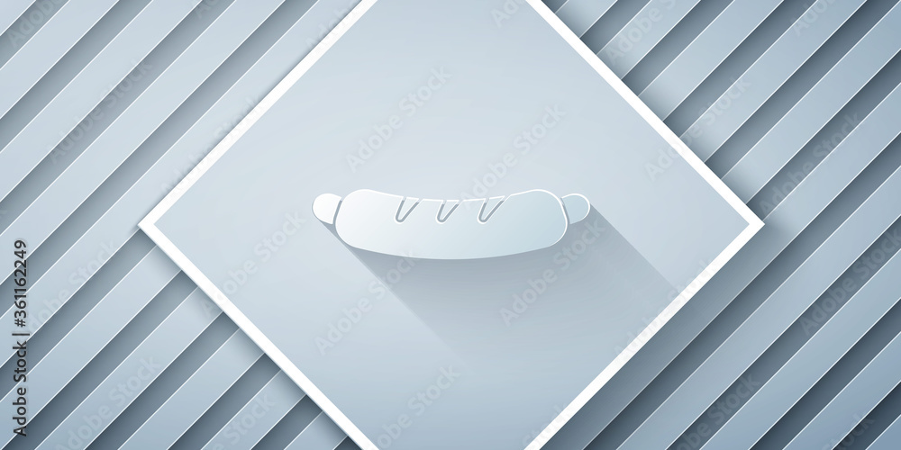 Paper cut Hotdog sandwich icon isolated on grey background. Sausage icon. Fast food sign. Paper art 