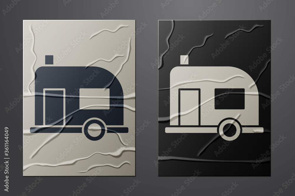 White Rv Camping trailer icon isolated on crumpled paper background. Travel mobile home, caravan, ho