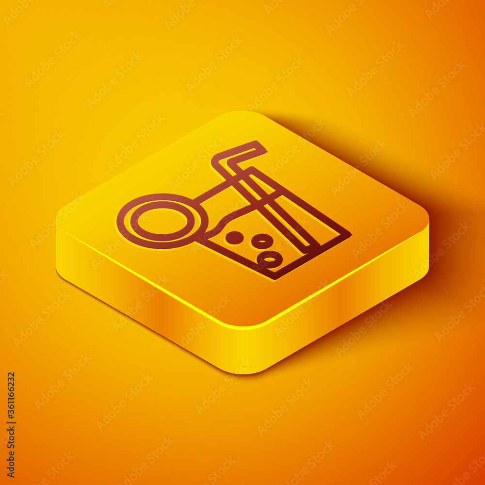 Isometric line Cocktail icon isolated on orange background. Yellow square button. Vector Illustratio