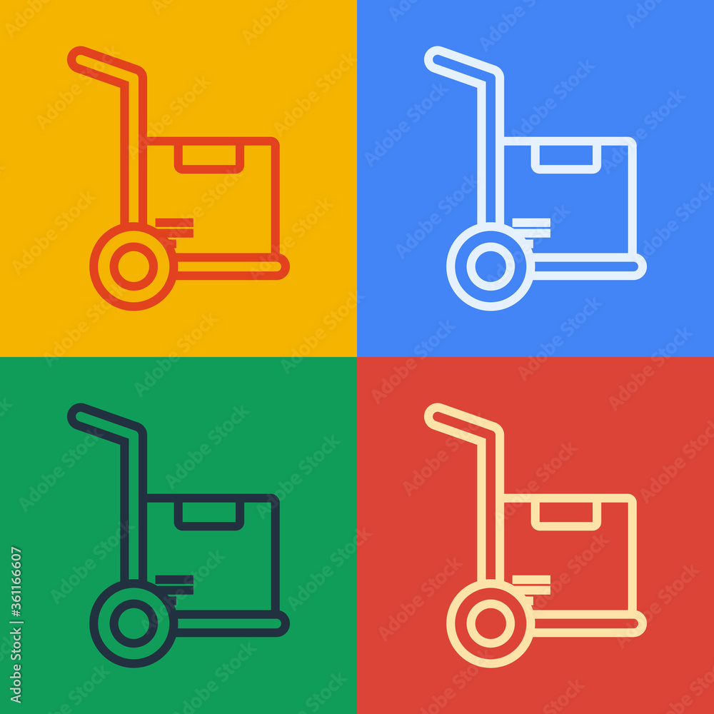 Pop art line Hand truck and boxes icon isolated on color background. Dolly symbol. Vector Illustrati