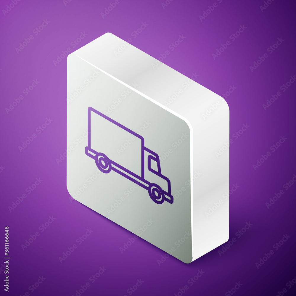 Isometric line Delivery cargo truck vehicle icon isolated on purple background. Silver square button