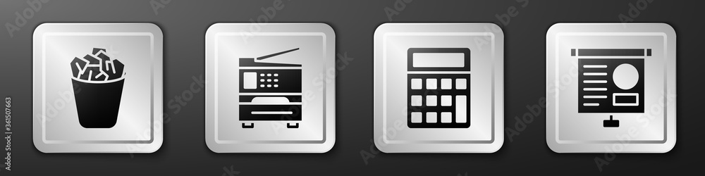 设置完整的垃圾桶、打印机、计算器和带图表图标的黑板。银色方形按钮。Vect