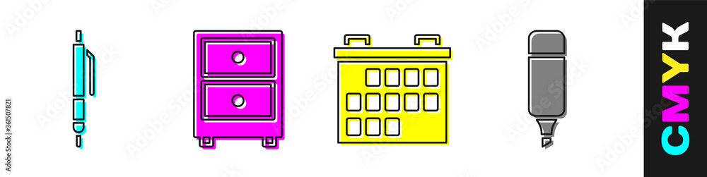 设置笔、带文档的抽屉、日历和记号笔图标。矢量。