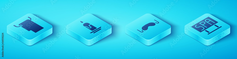 Set Isometric Towel on a hanger, Burning candle, Spa salon signboard and Eye sleep mask icon. Vector