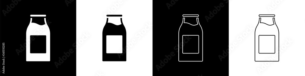 Set Closed glass bottle with milk icon isolated on black and white background. Vector Illustration.