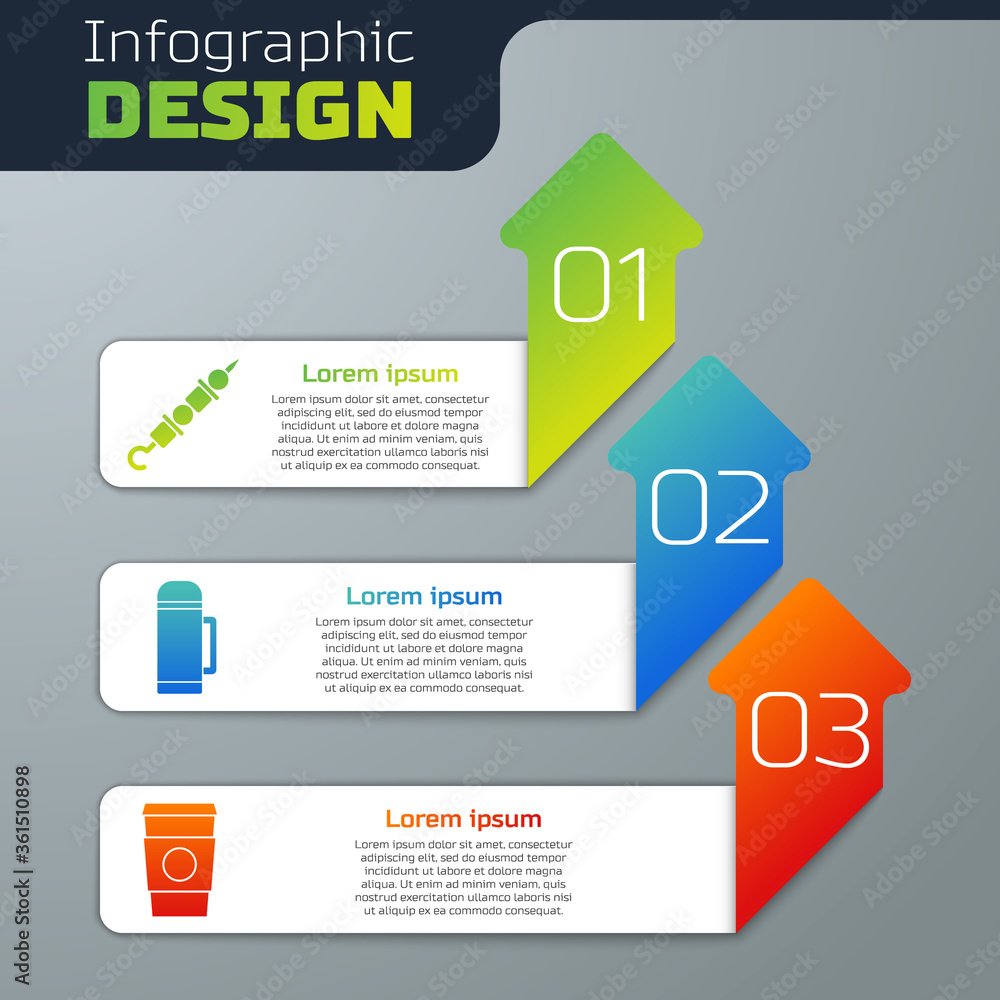 Set Grilled shish kebab, Thermos container and Coffee cup to go. Business infographic template. Vect