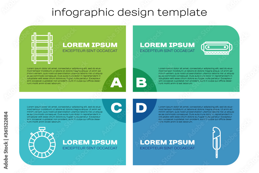 设置线路食堂水瓶，铁路，铁轨，羽毛笔和Harmonica。商业信息图