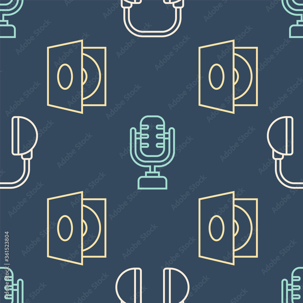 套装耳机、带乙烯基唱片的乙烯基播放器和无缝图案的麦克风。矢量。