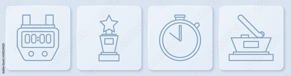 设置秒表、秒表、奖励杯和冰球杯冠军。白色方形按钮。矢量。