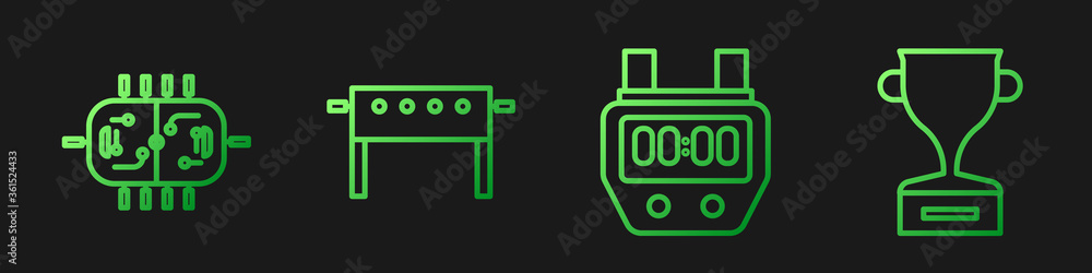 设置行秒表、曲棍球台、曲棍球台和奖杯。渐变色图标。矢量。