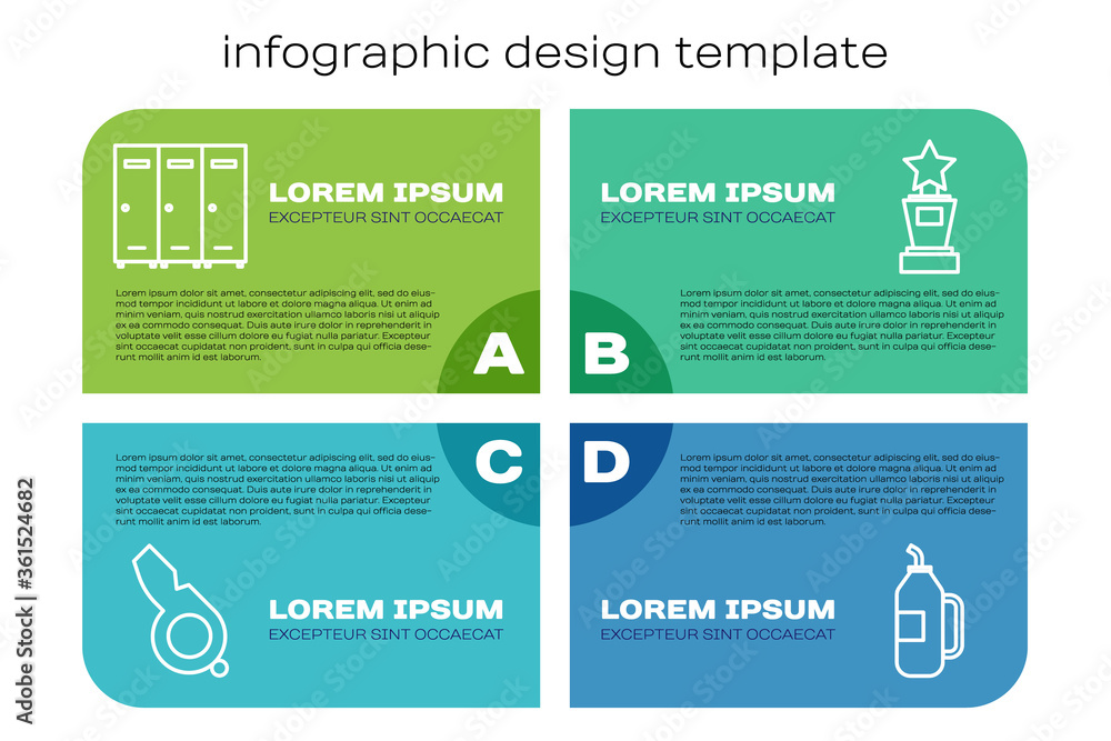 Set line Whistle，Locker or change room，Fitness shaker and Award cup。商务信息图templa