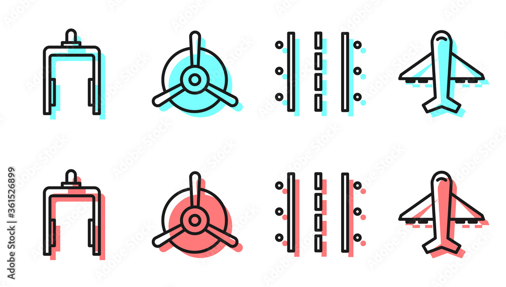 设置机场跑道、机场金属探测器、飞机螺旋桨和飞机图标。矢量。