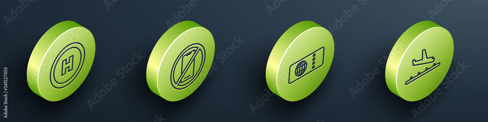 Set Isometric Helicopter landing pad, No cell phone, Airline ticket and Plane landing icon. Vector.