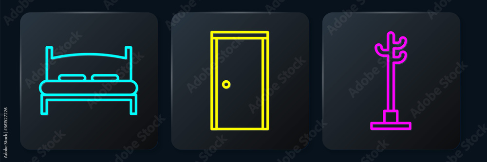 Set line Big bed, Coat stand and Closed door. Black square button. Vector.