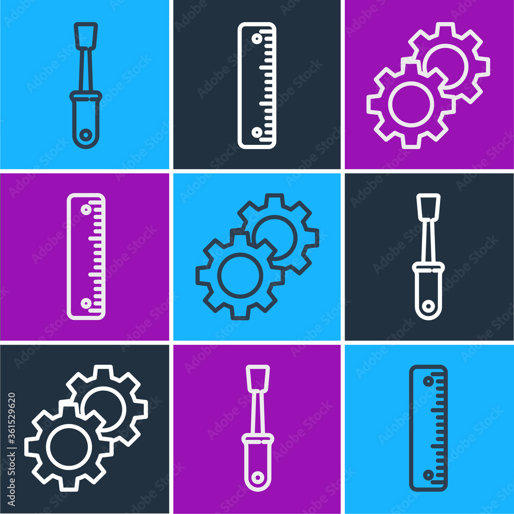 设置线螺丝刀、齿轮和标尺图标。矢量。