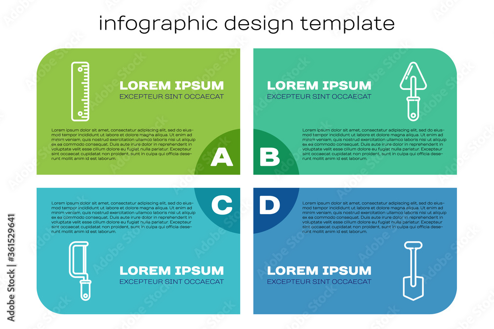 设置线条钢锯、标尺、铲子和镘刀。商业信息图模板。矢量。