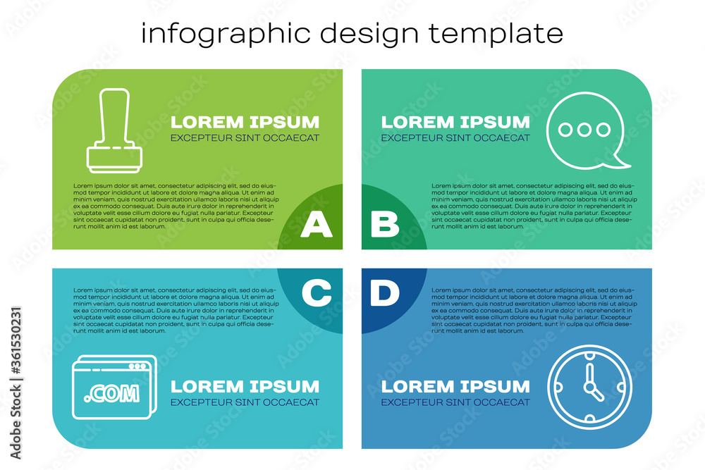 设置线路网站模板，印章，时钟和语音气泡聊天。商业信息图模板。Vecto