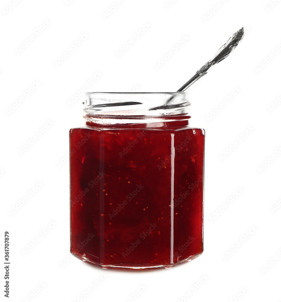 Jar of tasty strawberry jam on white background