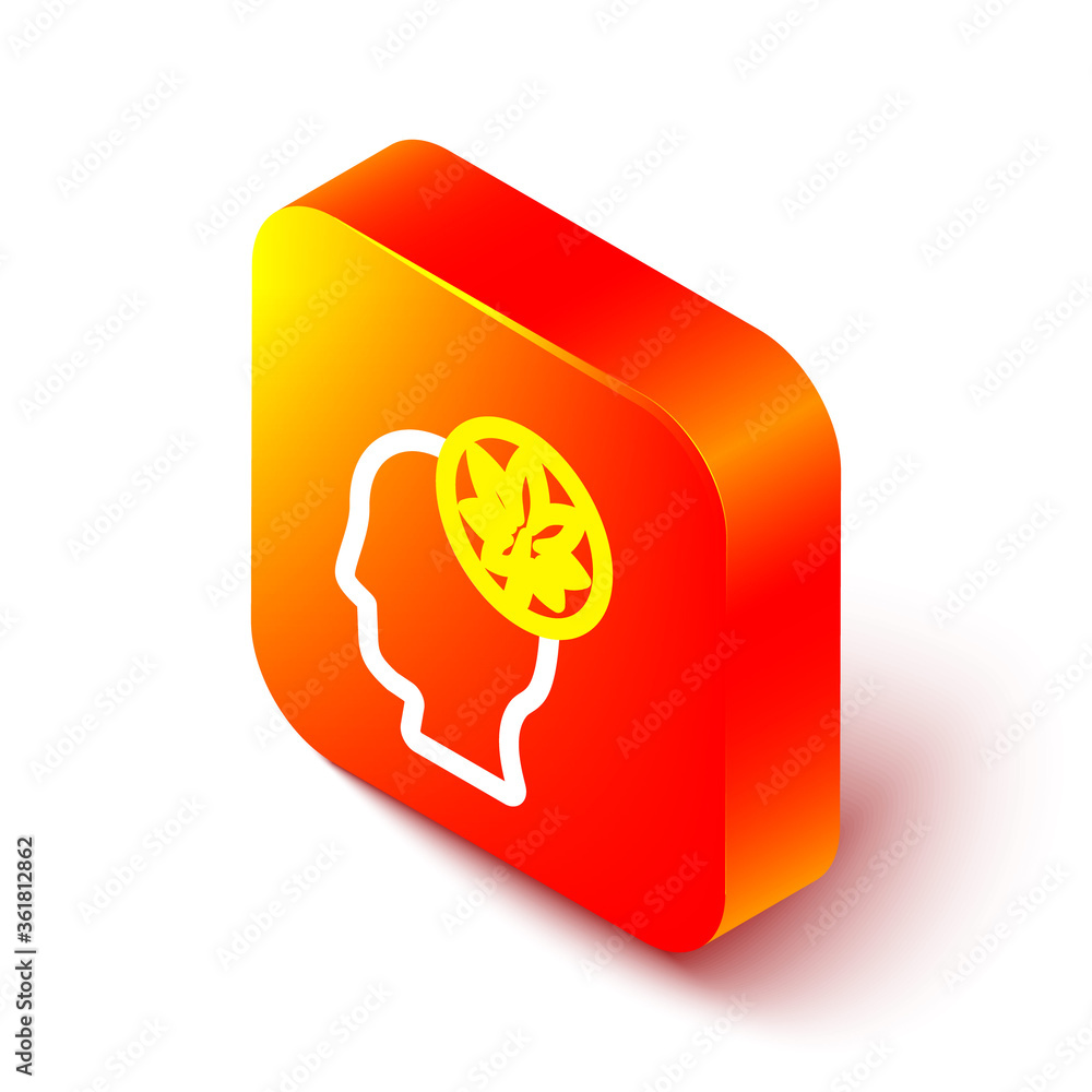 Isometric line Human head with leaf icon isolated on white background. Orange square button. Vector 