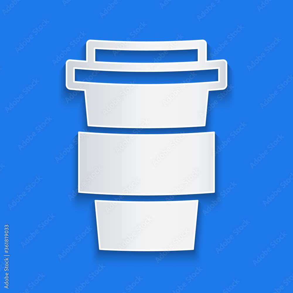 Paper cut Coffee cup to go icon isolated on blue background. Paper art style. Vector Illustration.