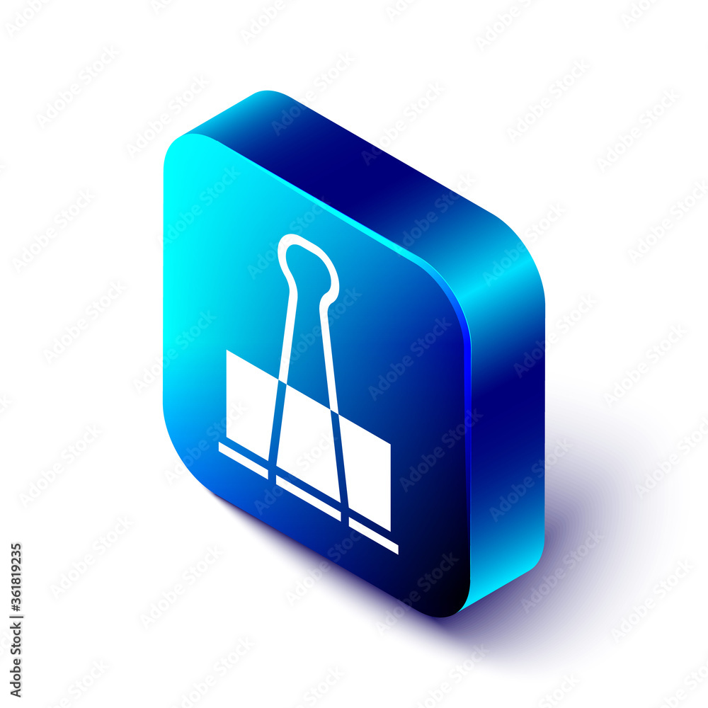 Isometric Binder clip icon isolated on white background. Paper clip. Blue square button. Vector Illu