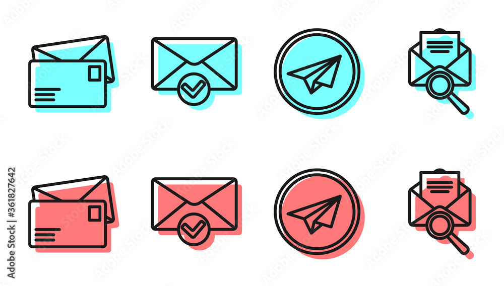 Set line Paper plane, Envelope, Envelope and check mark and Envelope with magnifying glass icon. Vec