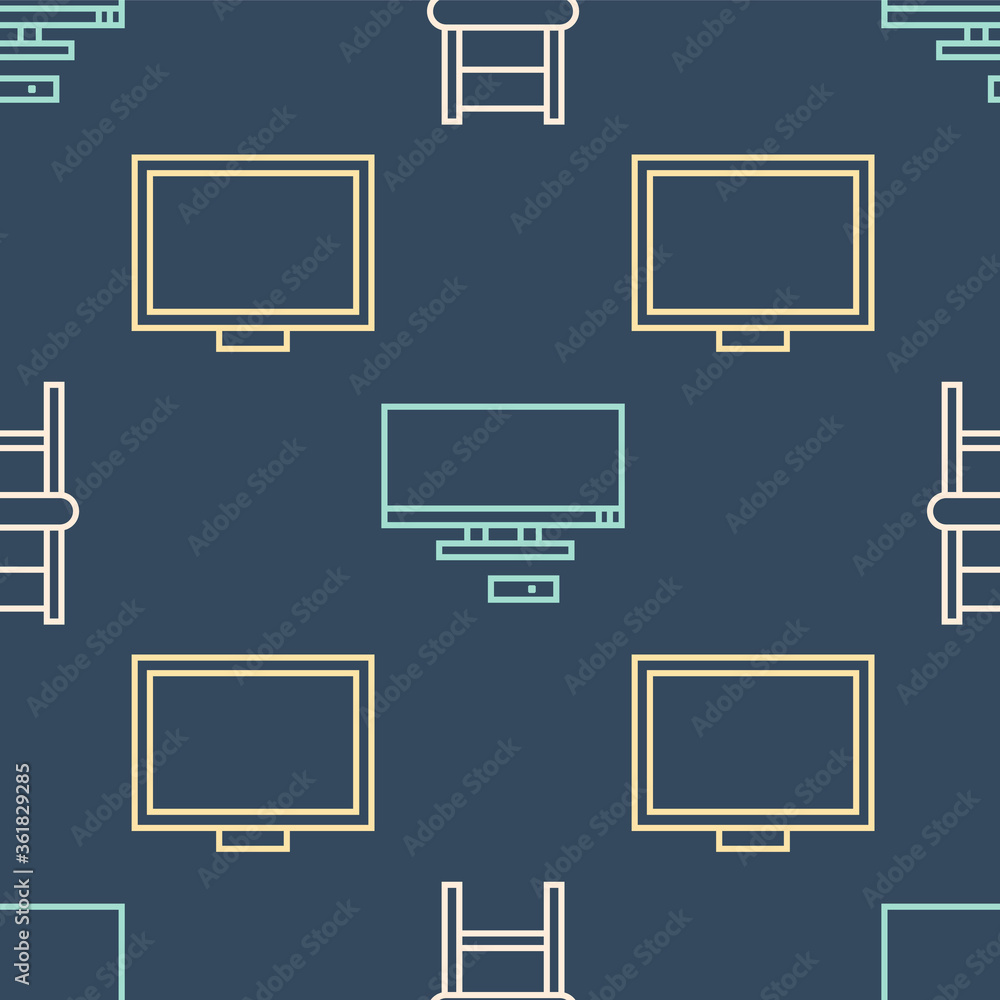 将线条椅、相框放在桌子上，智能电视放在无缝图案上。矢量。