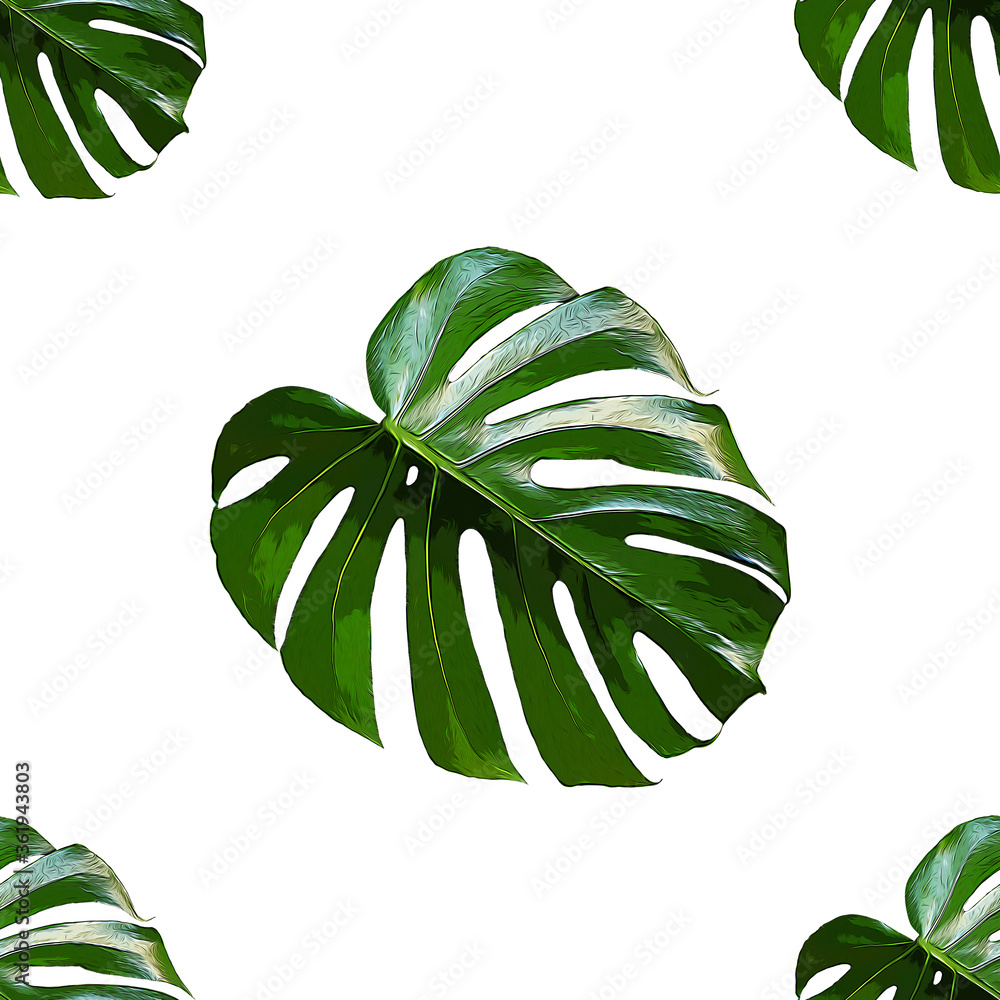 Monstera Deliciosa叶子无缝图案。热带背景，丛林植物。绿色异国肉饼