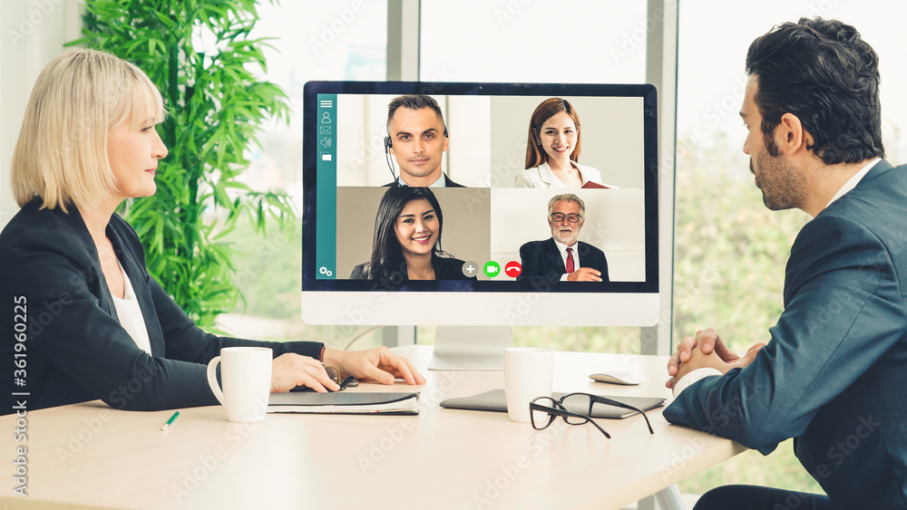 Video call group business people meeting on virtual workplace or remote office. Telework conference 